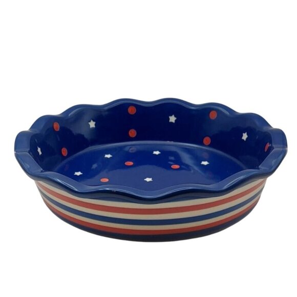 Temp-Tations By Tara Stars & Stripes 9" Pie Plate Dish Red White & Blue Ovenware - Picture 1 of 5